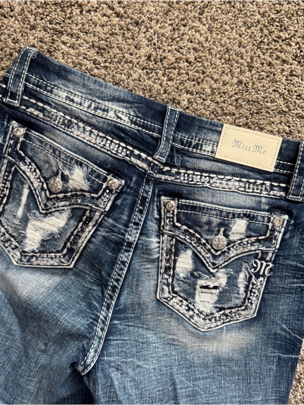 Miss Me Embroidered Distressed Back Pocket Jeans - Blue Wash